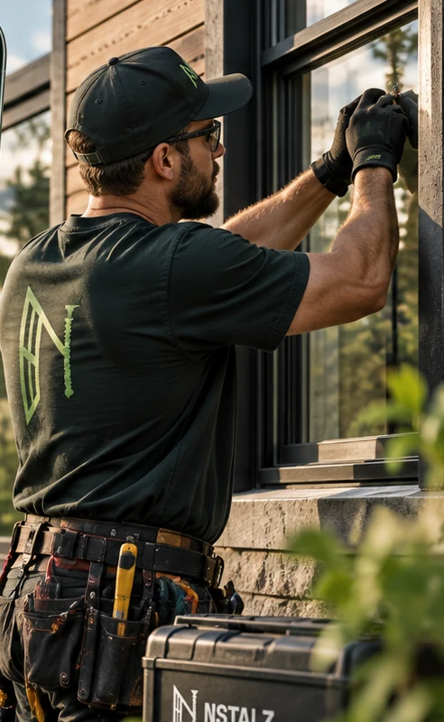Illustrative Installer carefully fitting a window
